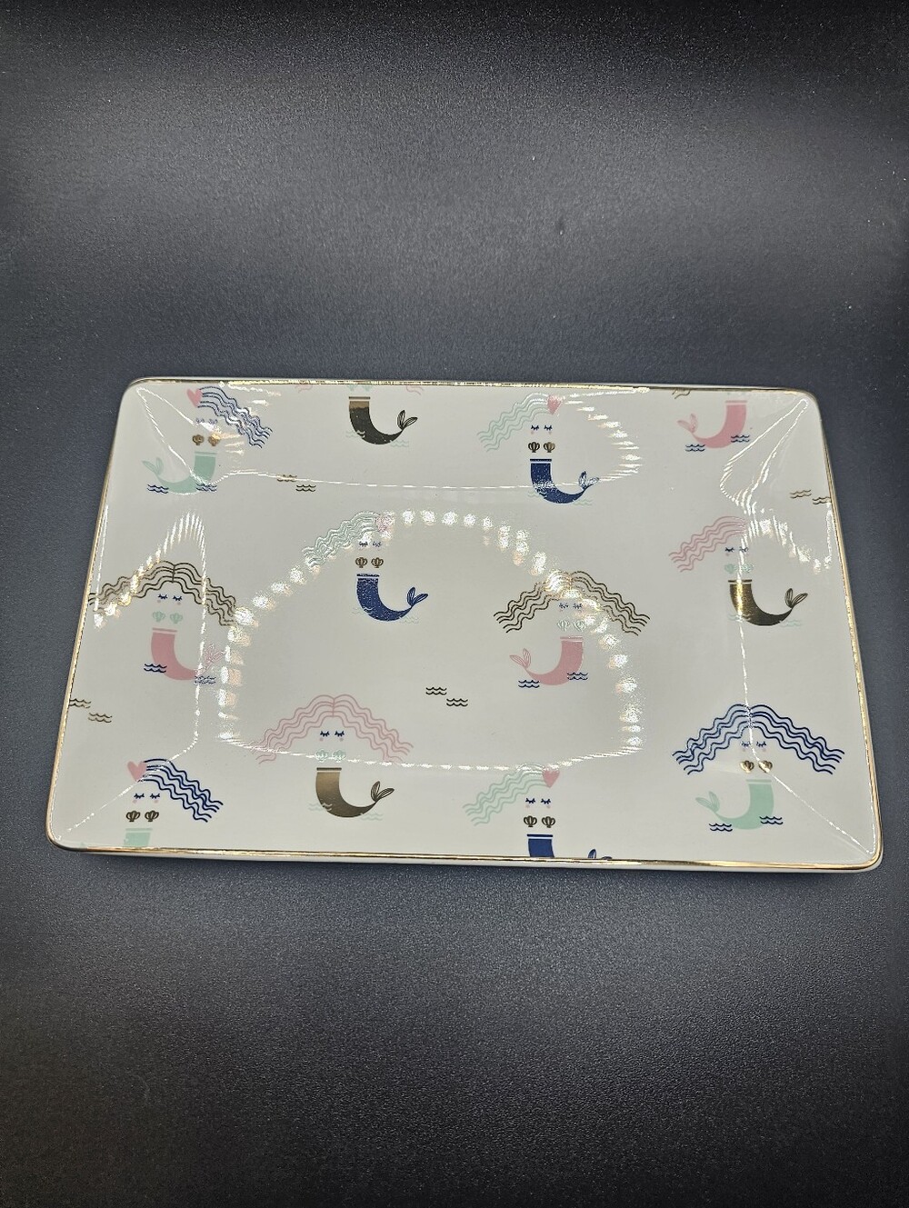 Mermaid Pattern Ceramic Trinket Tray - White with Pastel Accents